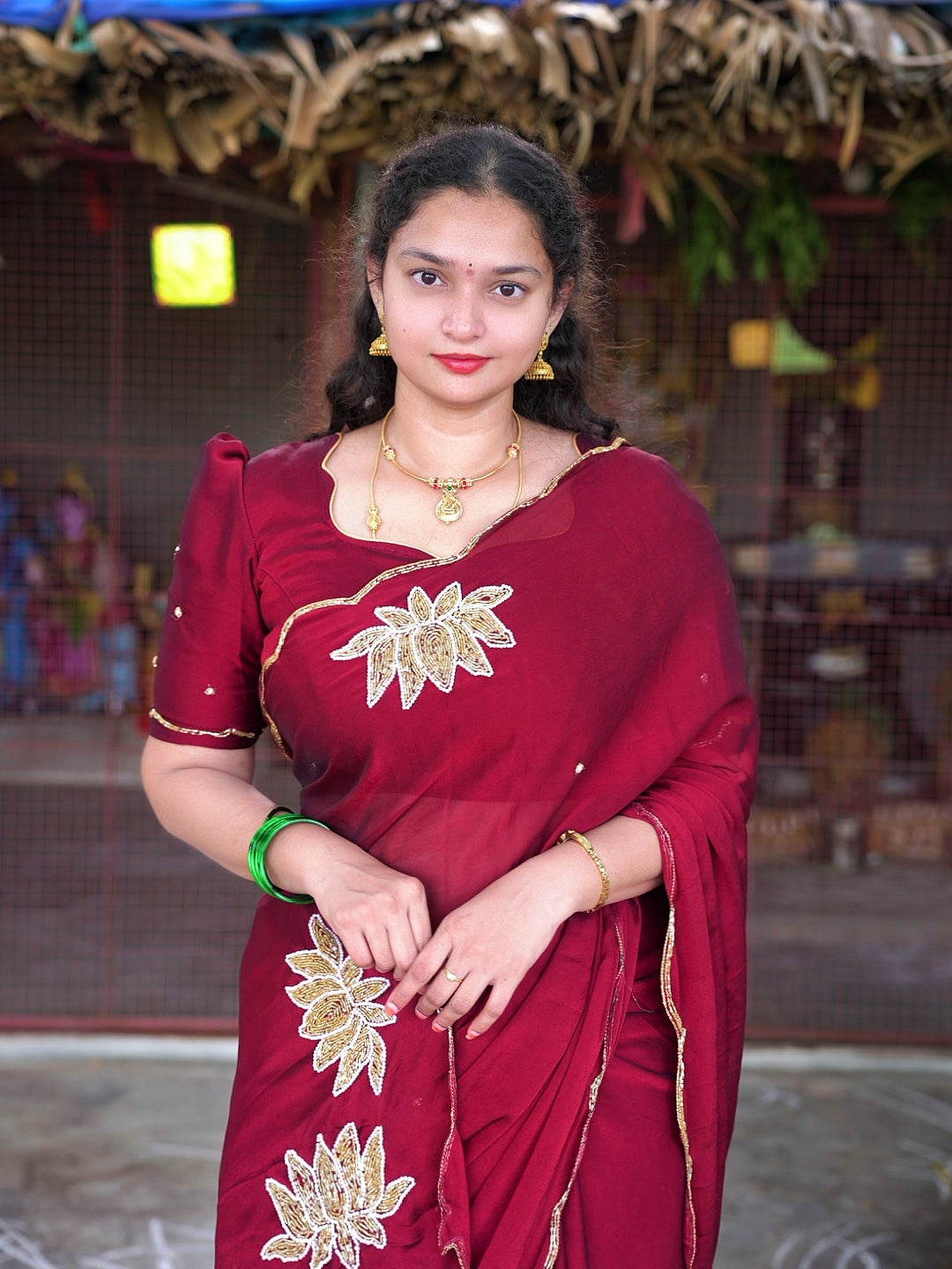 Soft rangoli crush lotus handwork saree