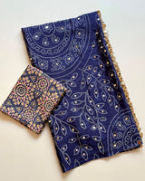 Ajrak design crepe silk mirror saree