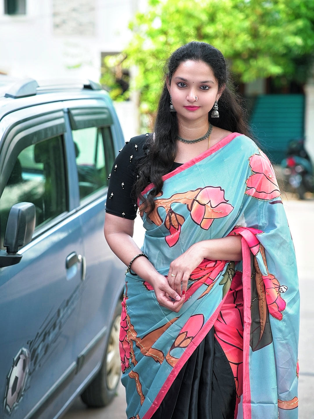Stylish satin floral printed handwork saree