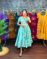 Chanderi floral embroidery maxi frocks for women